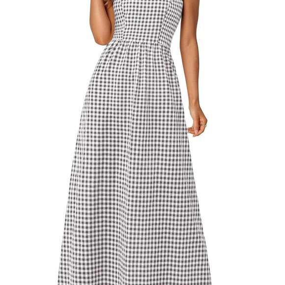 Plaid Square Neck Maxi Dress Spaghetti Strap A-Line Smocked Back Elegant